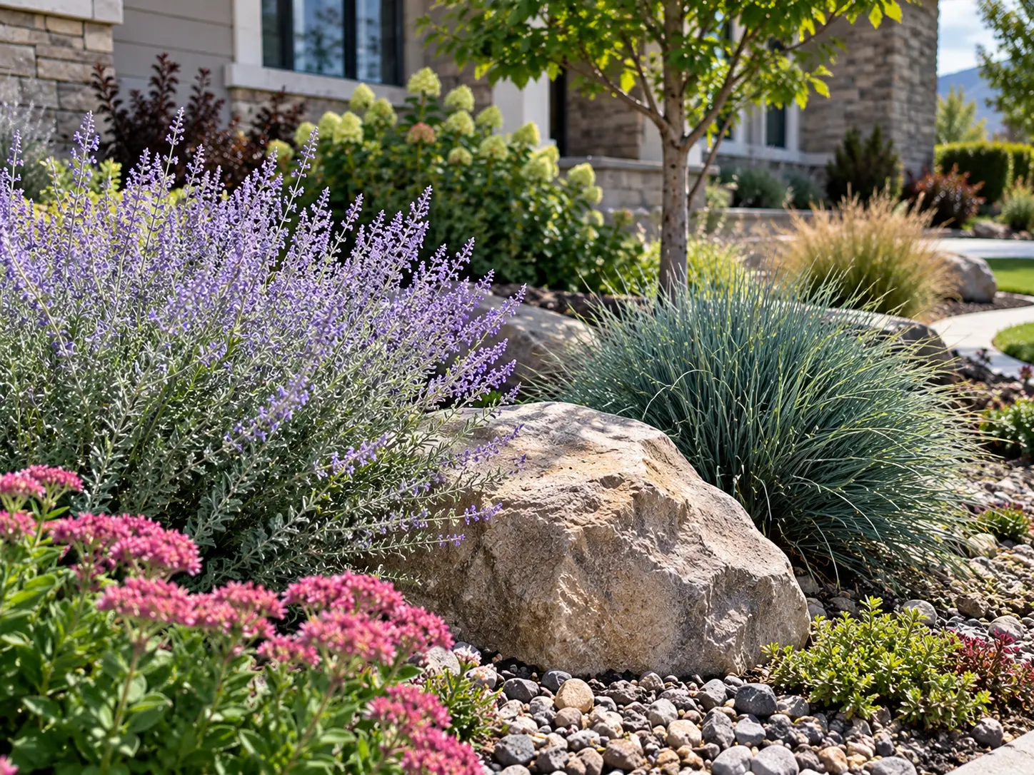 Colorful xeriscape front yard with purple salvia, yellow blooms and a flagstone path