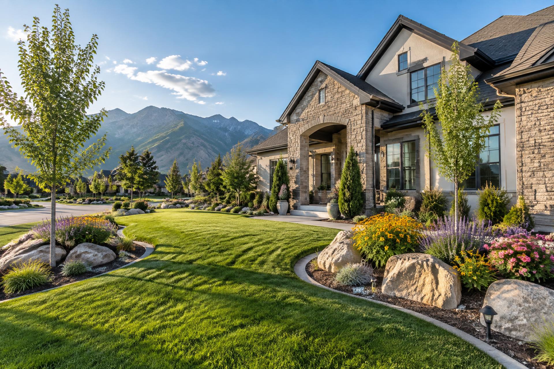 Landscaped Utah County property with lawn, trees and mountain views