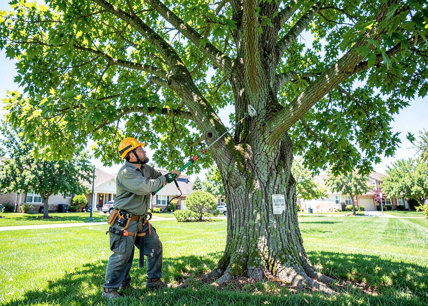 Tree crew member trimming a large shade tree with a pole saw in a bright Utah neighborhood