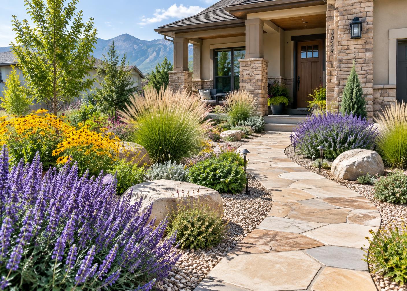 Colorful Utah water-wise xeriscape with purple salvia, ornamental grasses and a flagstone pathway